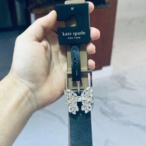 Kate Spade New York Rhinestone Bow Genuine Leather Belt-Black Size Womens M